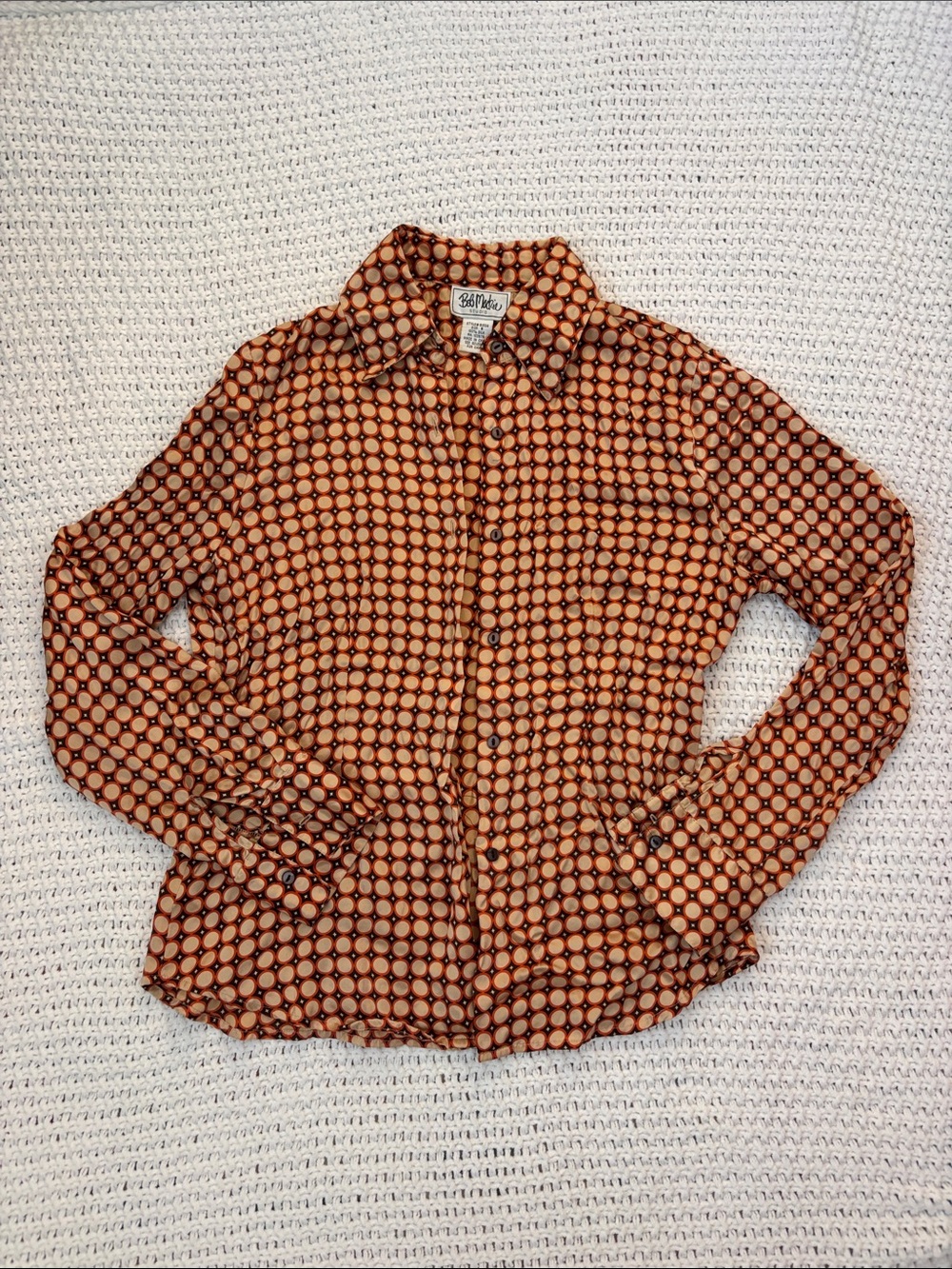 Bob Mackie Vintage 90s 100% Silk Button Down Brown and Orange Circle Blouse